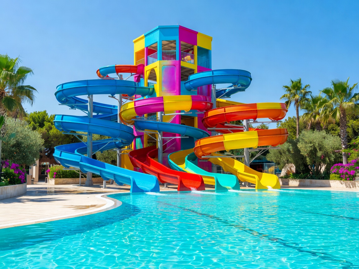 Aquacolors Poreč colorful slide tower and turquoise pools
