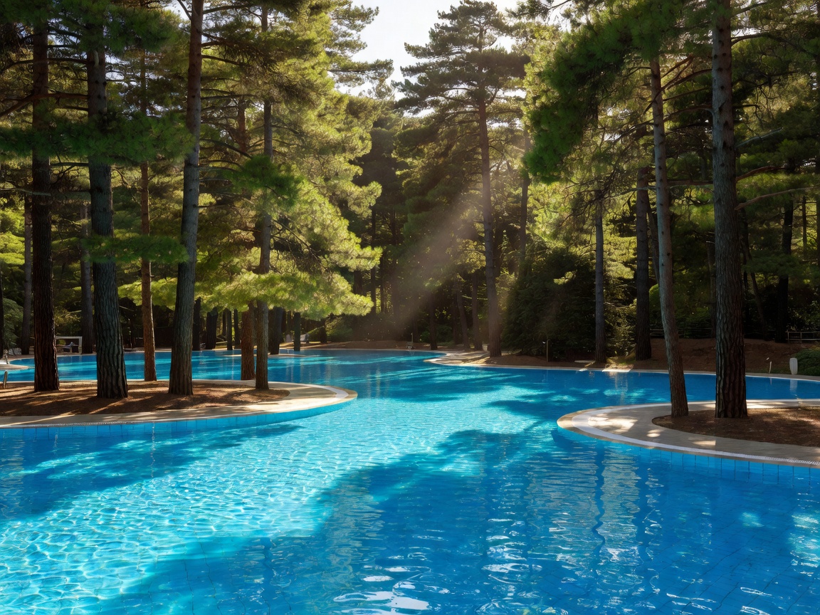 Aquapark Cikat crystal blue pools surrounded by towering pine trees