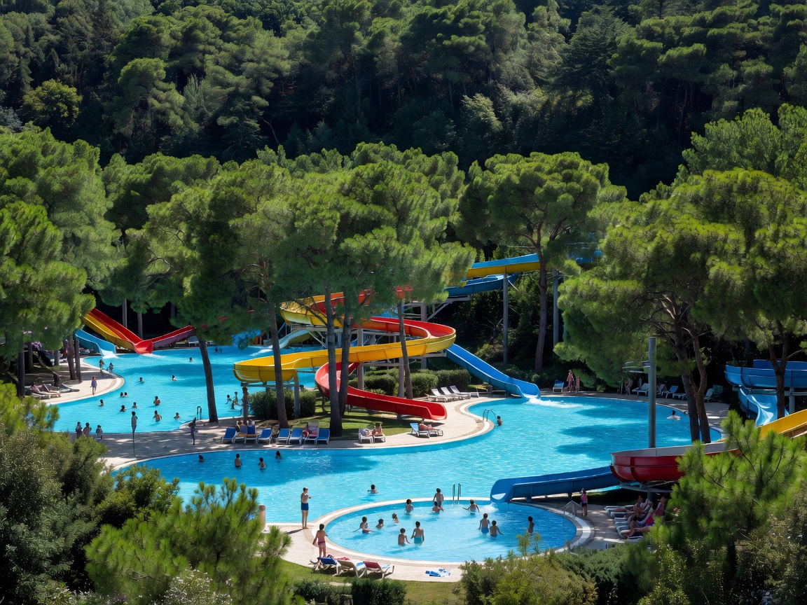 Aquapark Cikat surrounded by deep green pine forests and clear blue pools on Lošinj island