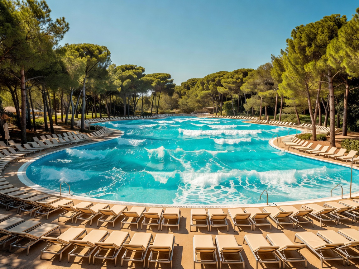 Istralandia giant wave pool surrounded by sunbeds and pine trees